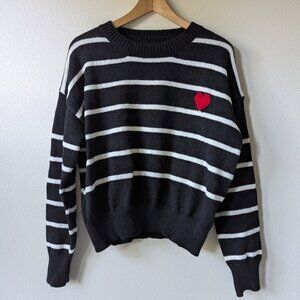 Striped Sweater with Red Heart in Black and White Size M